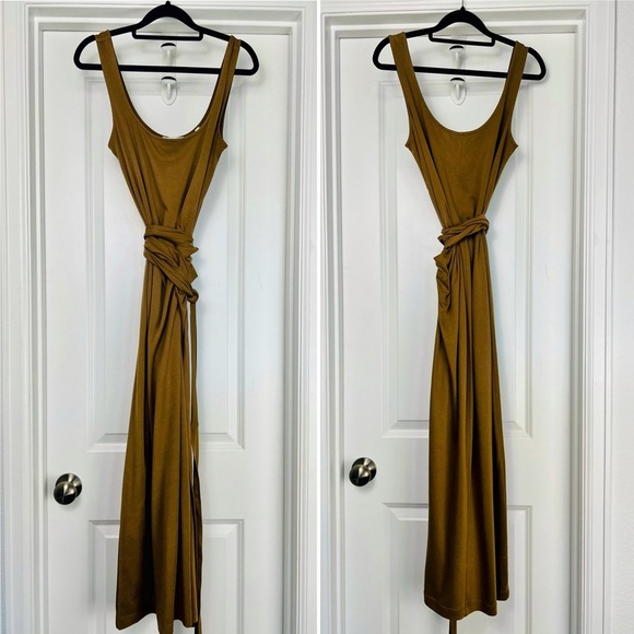 Vince Pima Cotton Jersey Wrap Midi Dress Brown Beige Tank Tie Waist Scoop Neck S - Picture 3 of 10